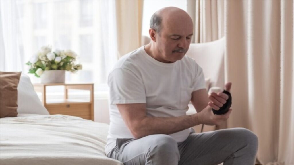 Elderly Man Roll Bandage Stretched on His Wrist